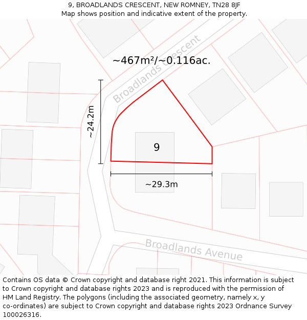 9, BROADLANDS CRESCENT, NEW ROMNEY, TN28 8JF: Plot and title map