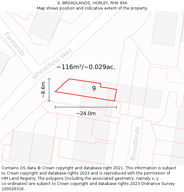 9, BROADLANDS, HORLEY, RH6 9XA: Plot and title map