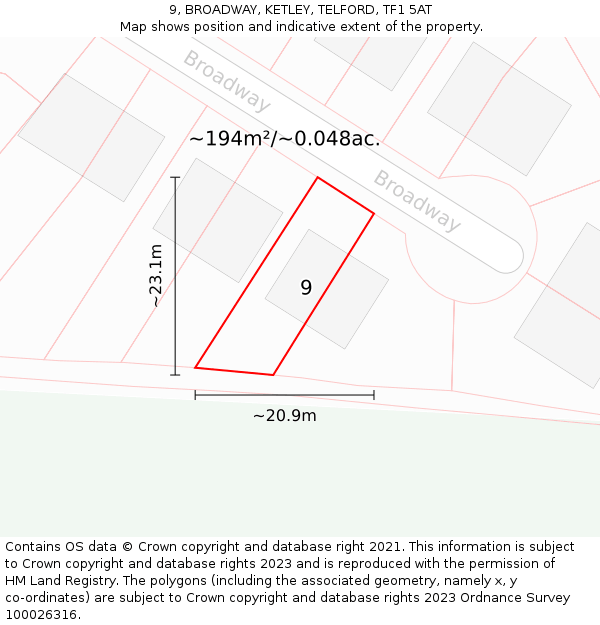 9, BROADWAY, KETLEY, TELFORD, TF1 5AT: Plot and title map