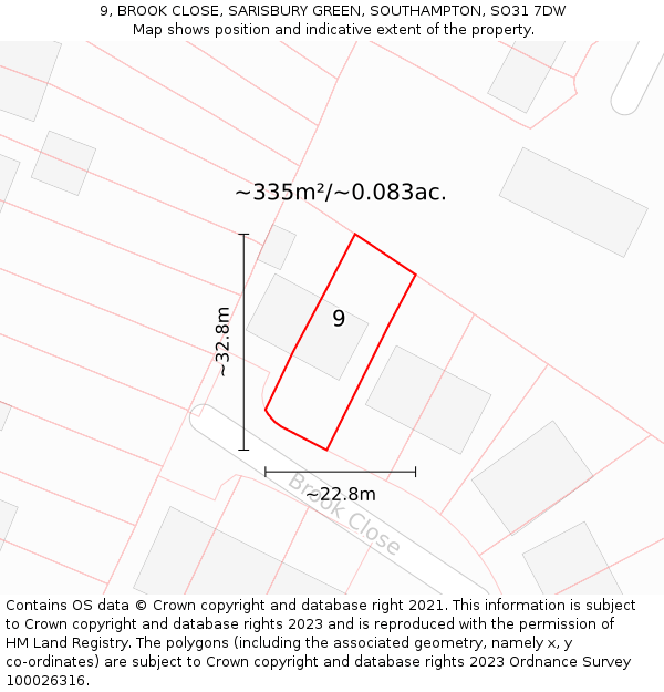 9, BROOK CLOSE, SARISBURY GREEN, SOUTHAMPTON, SO31 7DW: Plot and title map