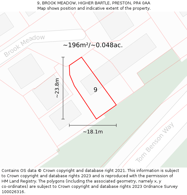 9, BROOK MEADOW, HIGHER BARTLE, PRESTON, PR4 0AA: Plot and title map