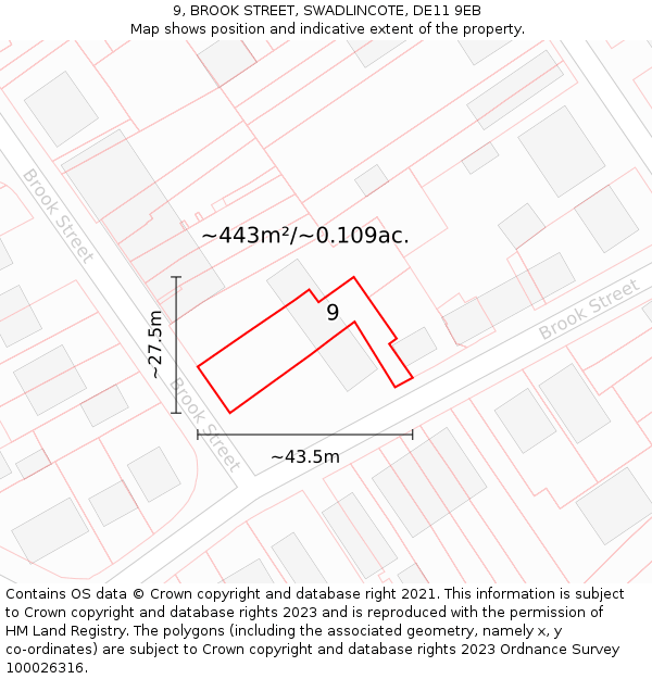 9, BROOK STREET, SWADLINCOTE, DE11 9EB: Plot and title map