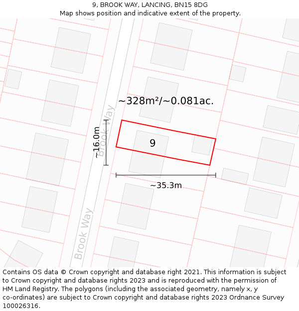 9, BROOK WAY, LANCING, BN15 8DG: Plot and title map