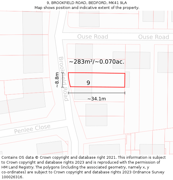 9, BROOKFIELD ROAD, BEDFORD, MK41 9LA: Plot and title map