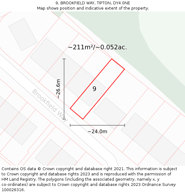 9, BROOKFIELD WAY, TIPTON, DY4 0NE: Plot and title map