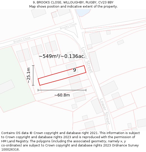 9, BROOKS CLOSE, WILLOUGHBY, RUGBY, CV23 8BY: Plot and title map