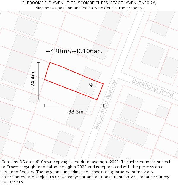 9, BROOMFIELD AVENUE, TELSCOMBE CLIFFS, PEACEHAVEN, BN10 7AJ: Plot and title map