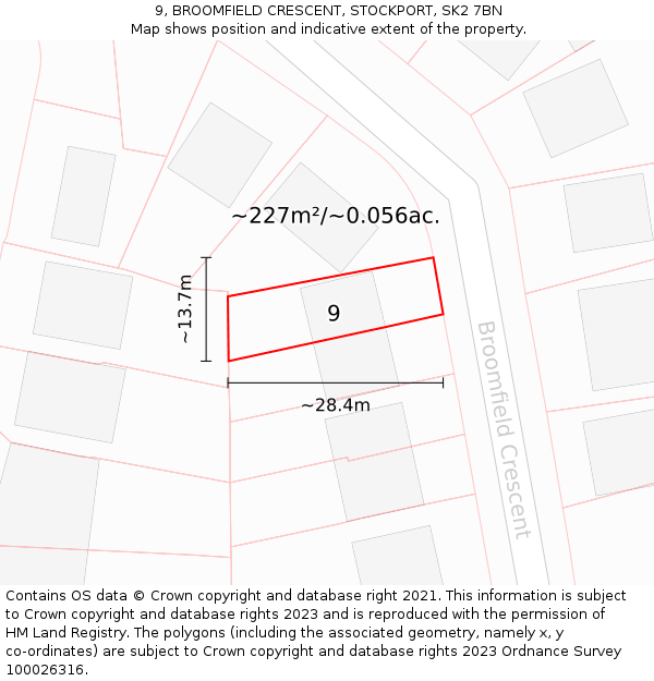 9, BROOMFIELD CRESCENT, STOCKPORT, SK2 7BN: Plot and title map