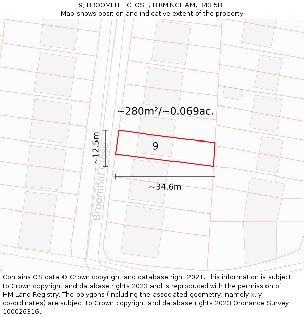 9, BROOMHILL CLOSE, BIRMINGHAM, B43 5BT: Plot and title map