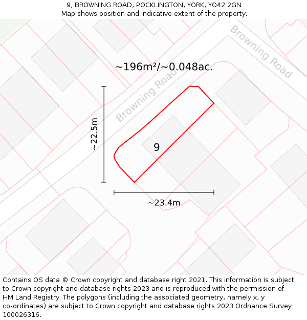 9, BROWNING ROAD, POCKLINGTON, YORK, YO42 2GN: Plot and title map