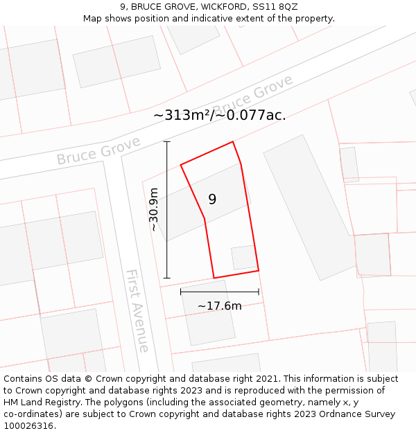 9, BRUCE GROVE, WICKFORD, SS11 8QZ: Plot and title map