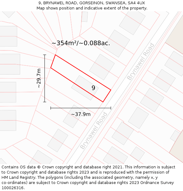 9, BRYNAWEL ROAD, GORSEINON, SWANSEA, SA4 4UX: Plot and title map