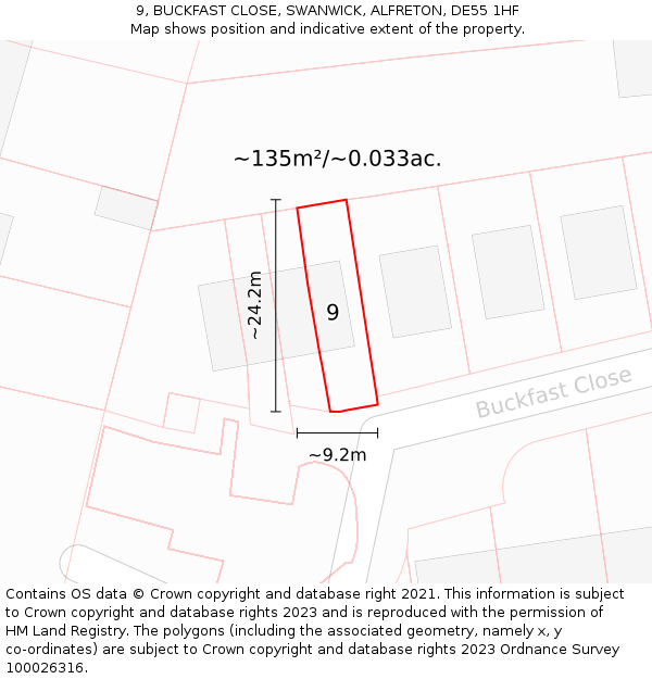 9, BUCKFAST CLOSE, SWANWICK, ALFRETON, DE55 1HF: Plot and title map