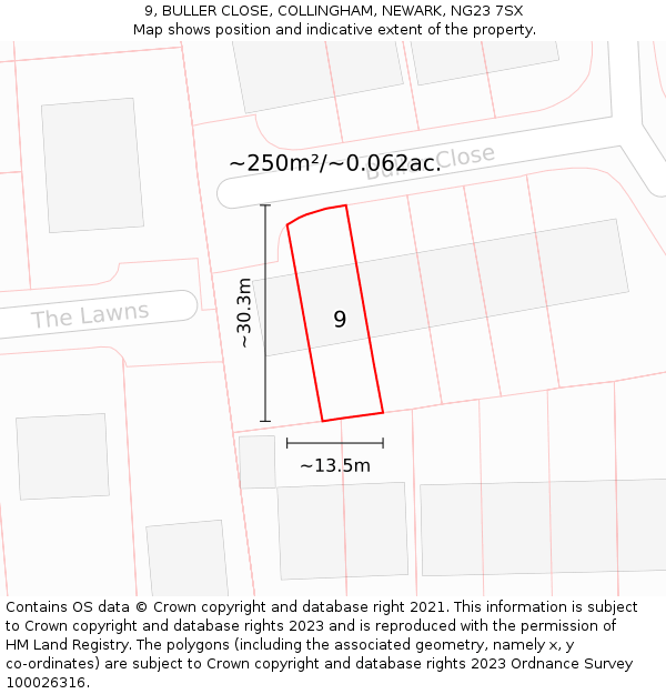 9, BULLER CLOSE, COLLINGHAM, NEWARK, NG23 7SX: Plot and title map