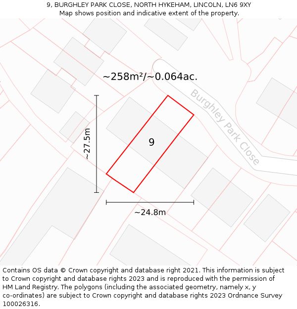 9, BURGHLEY PARK CLOSE, NORTH HYKEHAM, LINCOLN, LN6 9XY: Plot and title map