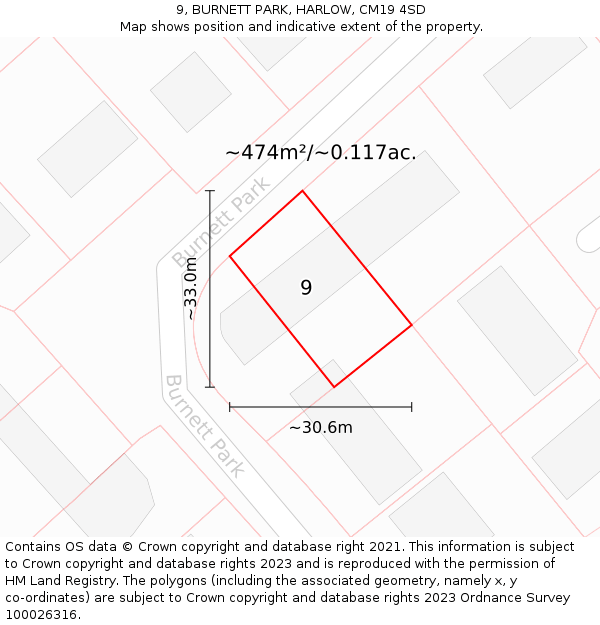 9, BURNETT PARK, HARLOW, CM19 4SD: Plot and title map