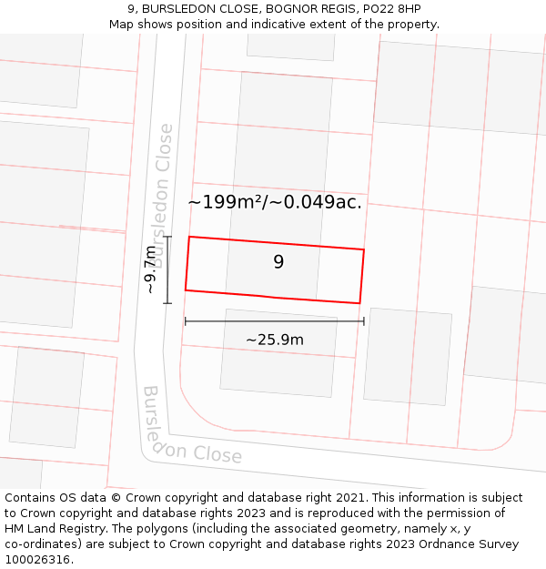 9, BURSLEDON CLOSE, BOGNOR REGIS, PO22 8HP: Plot and title map