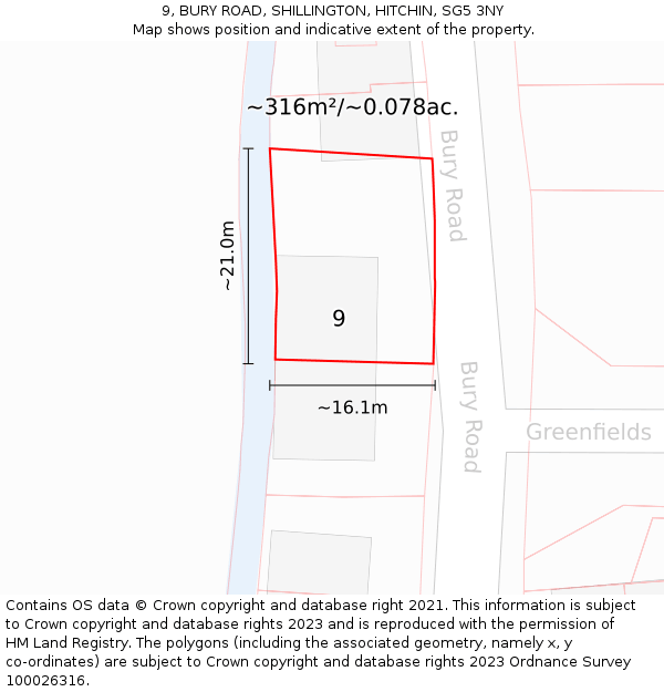 9, BURY ROAD, SHILLINGTON, HITCHIN, SG5 3NY: Plot and title map