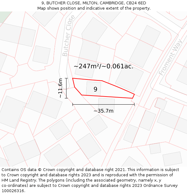 9, BUTCHER CLOSE, MILTON, CAMBRIDGE, CB24 6ED: Plot and title map