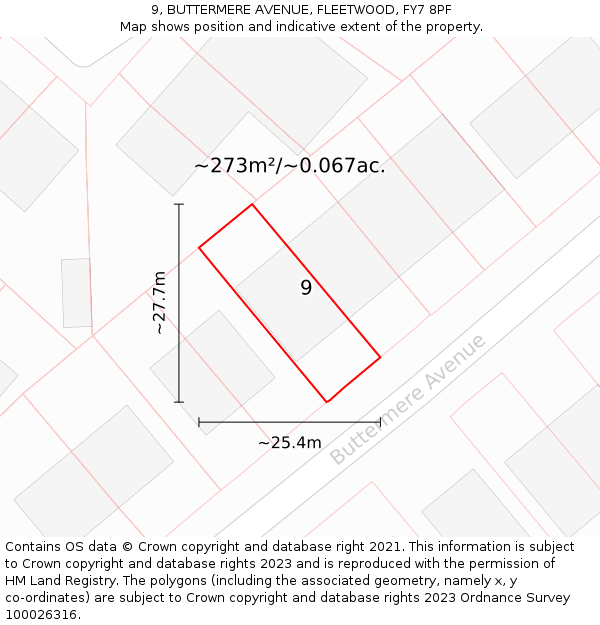 9, BUTTERMERE AVENUE, FLEETWOOD, FY7 8PF: Plot and title map