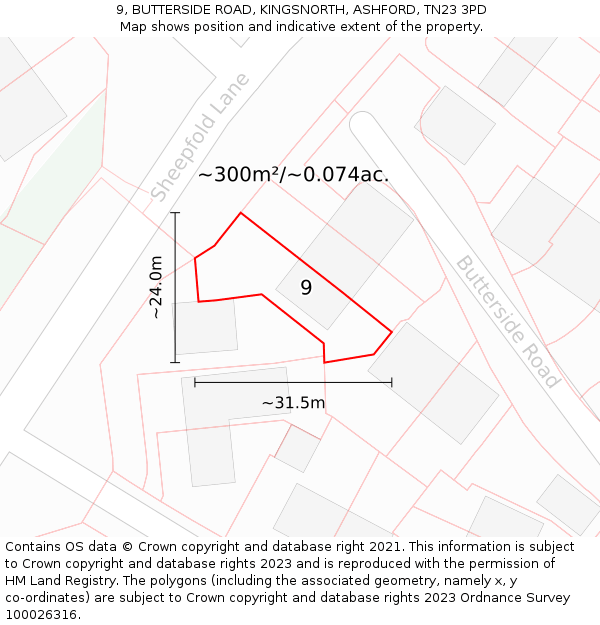 9, BUTTERSIDE ROAD, KINGSNORTH, ASHFORD, TN23 3PD: Plot and title map