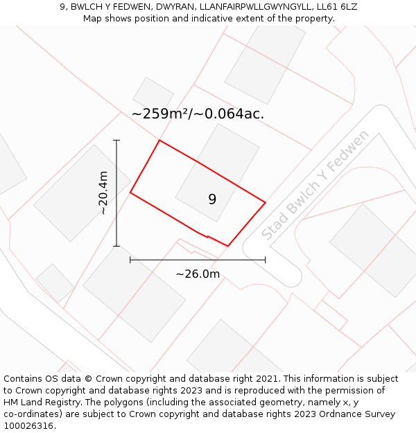 9, BWLCH Y FEDWEN, DWYRAN, LLANFAIRPWLLGWYNGYLL, LL61 6LZ: Plot and title map