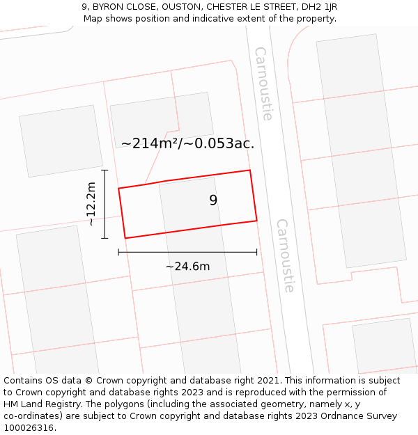 9, BYRON CLOSE, OUSTON, CHESTER LE STREET, DH2 1JR: Plot and title map