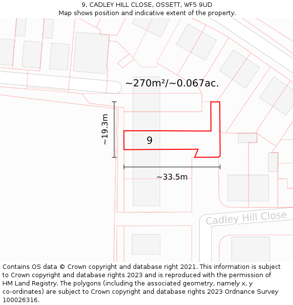 9, CADLEY HILL CLOSE, OSSETT, WF5 9UD: Plot and title map