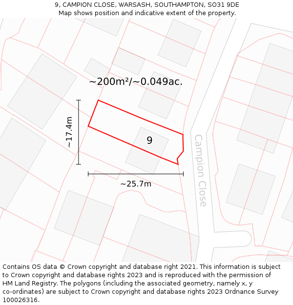 9, CAMPION CLOSE, WARSASH, SOUTHAMPTON, SO31 9DE: Plot and title map