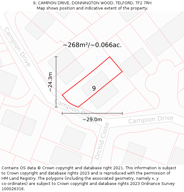 9, CAMPION DRIVE, DONNINGTON WOOD, TELFORD, TF2 7RH: Plot and title map