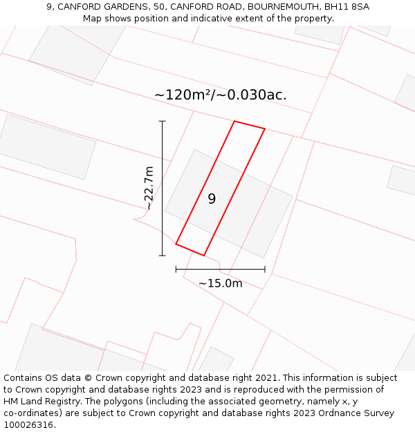 9, CANFORD GARDENS, 50, CANFORD ROAD, BOURNEMOUTH, BH11 8SA: Plot and title map