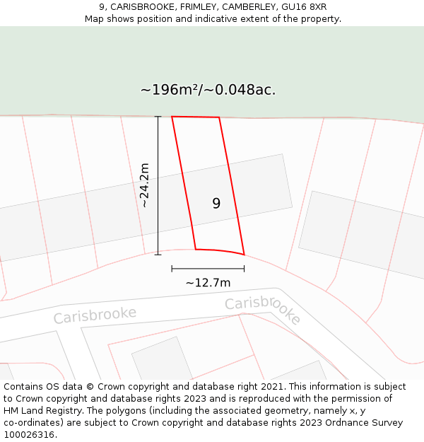 9, CARISBROOKE, FRIMLEY, CAMBERLEY, GU16 8XR: Plot and title map