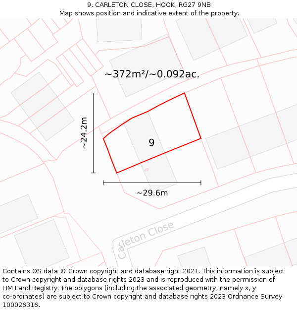 9, CARLETON CLOSE, HOOK, RG27 9NB: Plot and title map