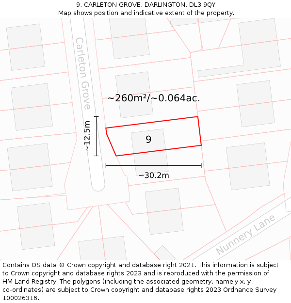 9, CARLETON GROVE, DARLINGTON, DL3 9QY: Plot and title map