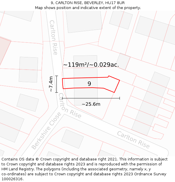 9, CARLTON RISE, BEVERLEY, HU17 8UR: Plot and title map