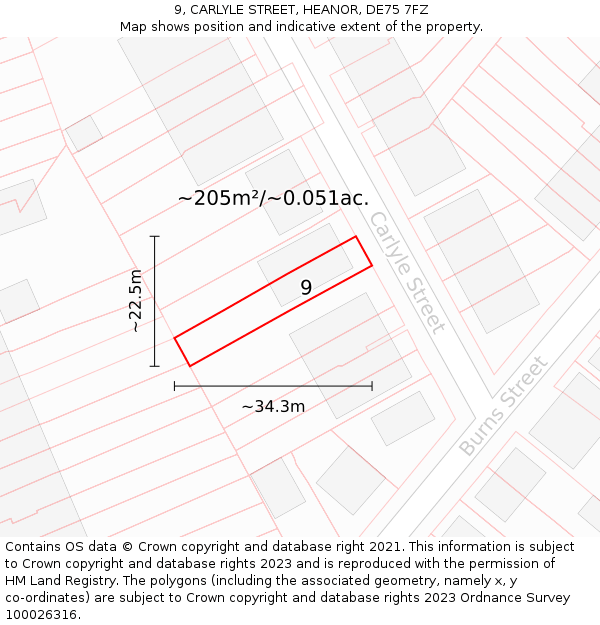 9, CARLYLE STREET, HEANOR, DE75 7FZ: Plot and title map