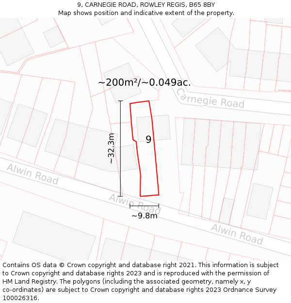 9, CARNEGIE ROAD, ROWLEY REGIS, B65 8BY: Plot and title map