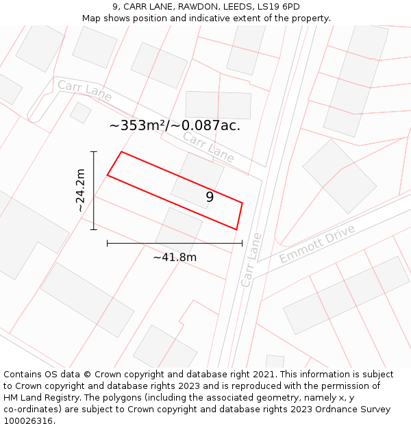 9, CARR LANE, RAWDON, LEEDS, LS19 6PD: Plot and title map