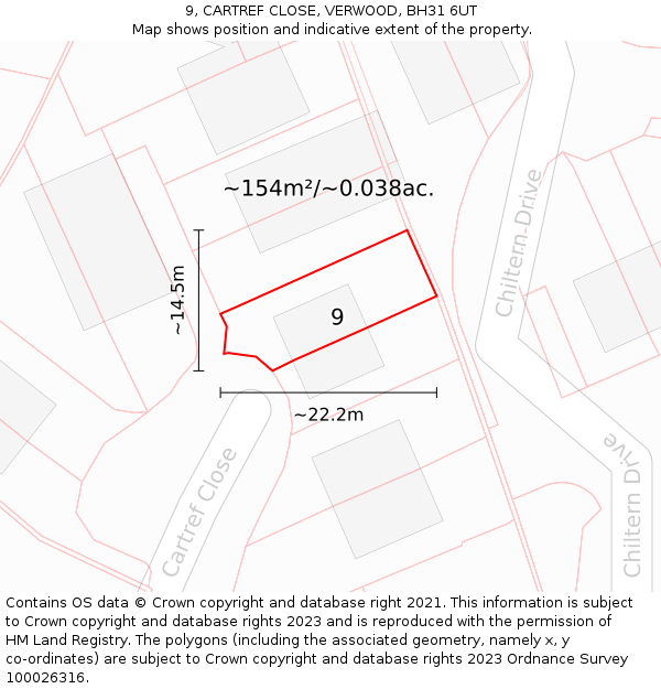 9, CARTREF CLOSE, VERWOOD, BH31 6UT: Plot and title map