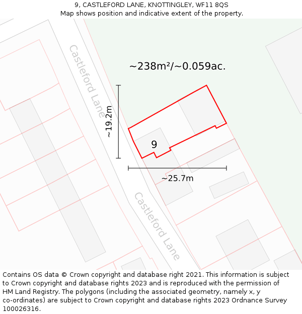 9, CASTLEFORD LANE, KNOTTINGLEY, WF11 8QS: Plot and title map