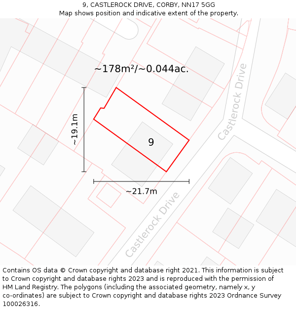 9, CASTLEROCK DRIVE, CORBY, NN17 5GG: Plot and title map