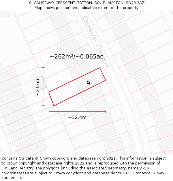 9, CAUSEWAY CRESCENT, TOTTON, SOUTHAMPTON, SO40 3AZ: Plot and title map