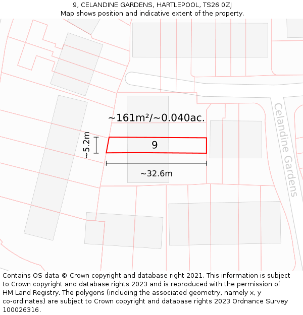 9, CELANDINE GARDENS, HARTLEPOOL, TS26 0ZJ: Plot and title map