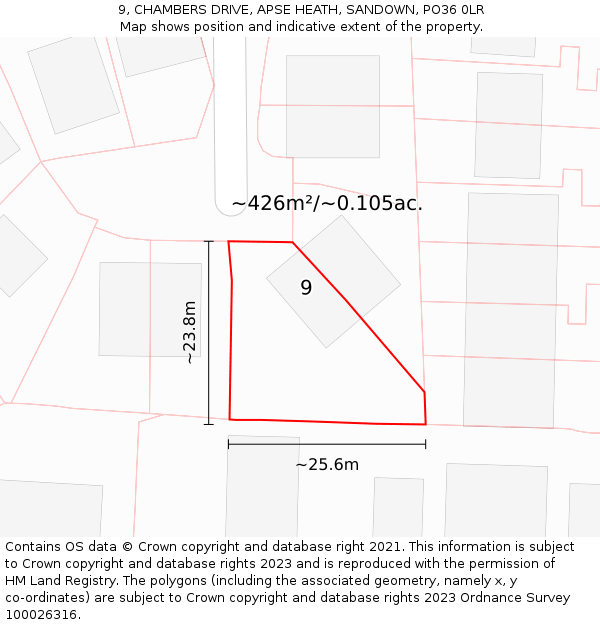 9, CHAMBERS DRIVE, APSE HEATH, SANDOWN, PO36 0LR: Plot and title map