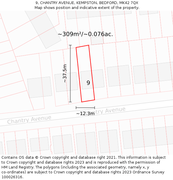 9, CHANTRY AVENUE, KEMPSTON, BEDFORD, MK42 7QX: Plot and title map