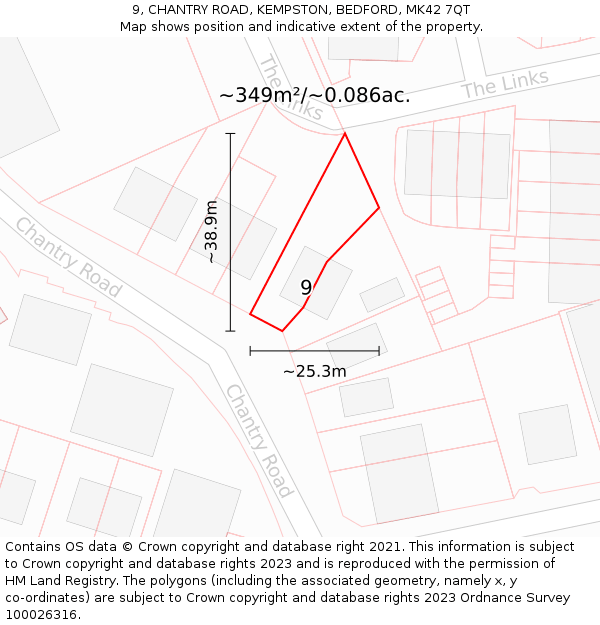 9, CHANTRY ROAD, KEMPSTON, BEDFORD, MK42 7QT: Plot and title map