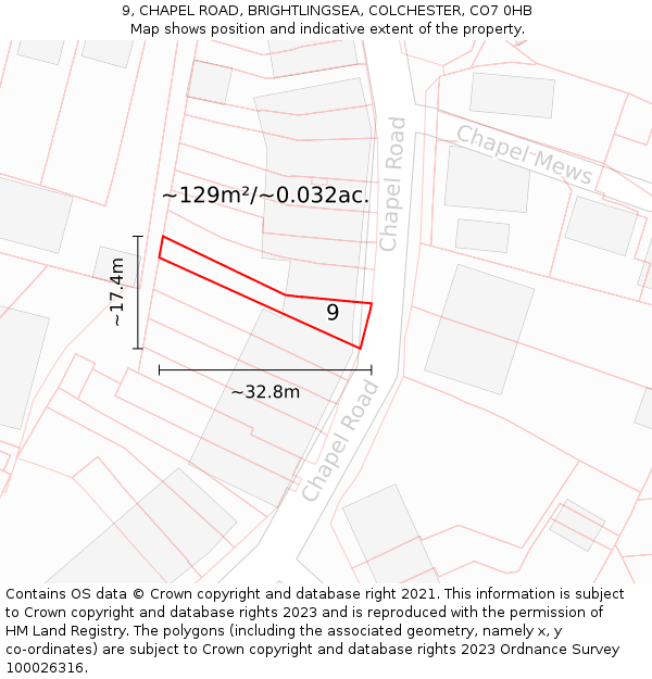 9, CHAPEL ROAD, BRIGHTLINGSEA, COLCHESTER, CO7 0HB: Plot and title map