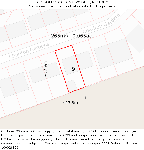 9, CHARLTON GARDENS, MORPETH, NE61 2HG: Plot and title map