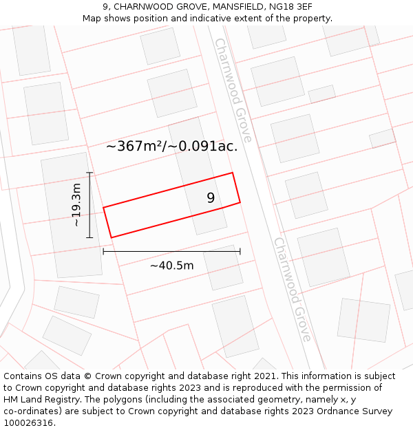 9, CHARNWOOD GROVE, MANSFIELD, NG18 3EF: Plot and title map
