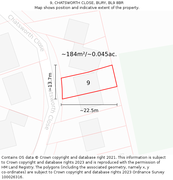 9, CHATSWORTH CLOSE, BURY, BL9 8BR: Plot and title map